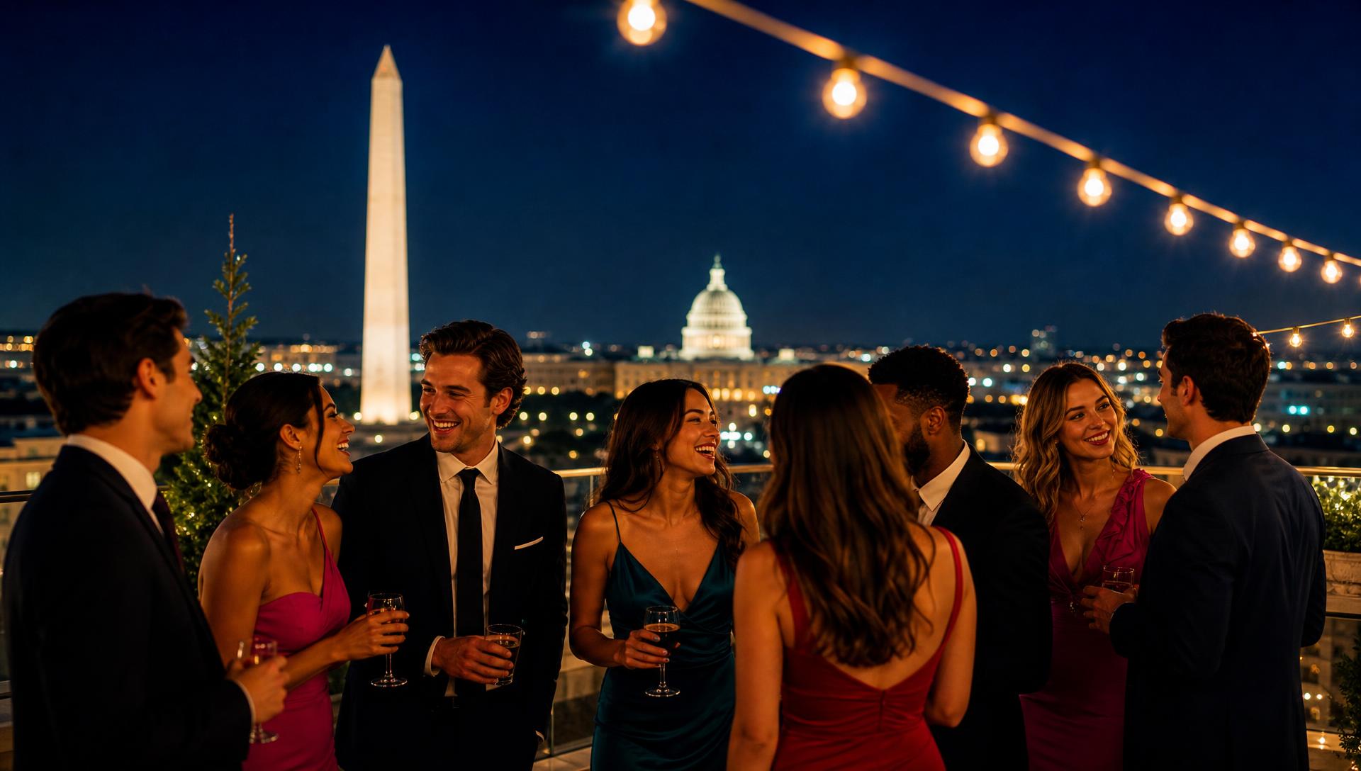 Amor en DC! key art: a glamorous group of singles mingling at a rooftop party with the Washington Monument and U.S. Capitol glowing in the night sky